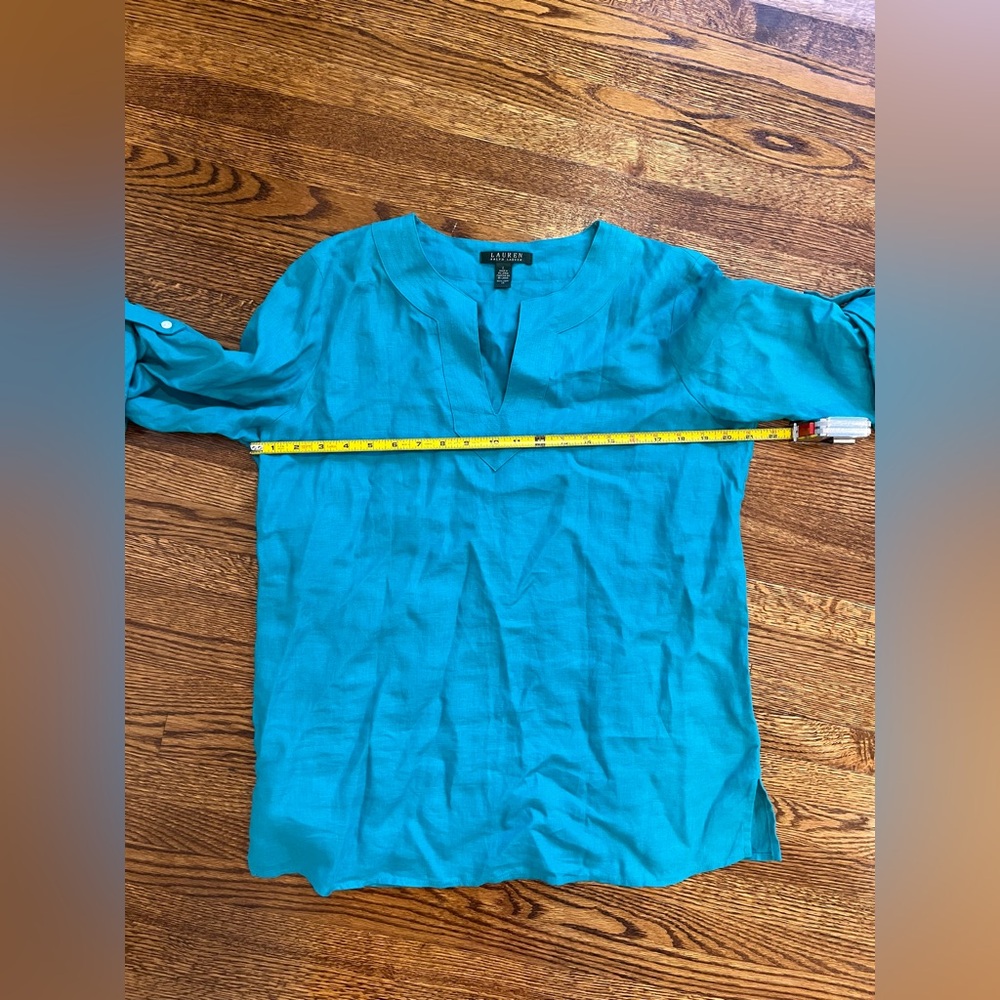 Ralph Lauren Turquoise Linen Blouse V neck Tunic Beach Resort wear Classic Prep - Picture 4 of 9